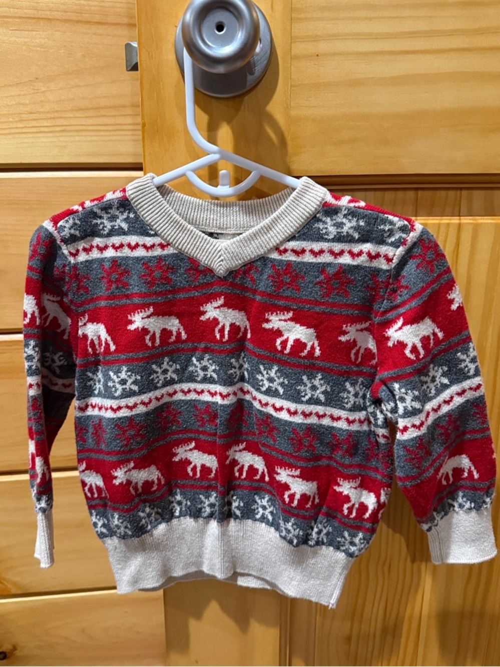 Hatley Red and Gray Moose Pattern V-Neck Sweater